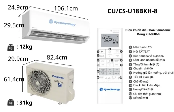 Thông số kỹ thuật điều hoà Panasonic 18000BTU 1 chiều cao cấp CU/CS-U18BKH-8